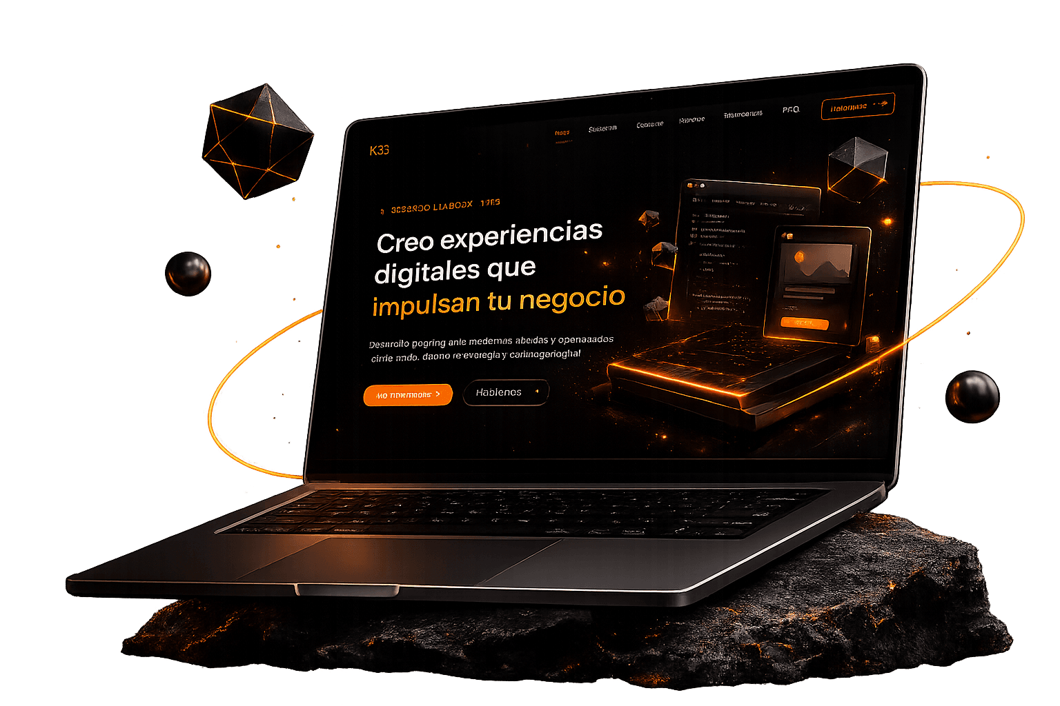 Mockup 3D de un sitio web mostrado en una laptop flotante, con partículas y formas geométricas de fondo
