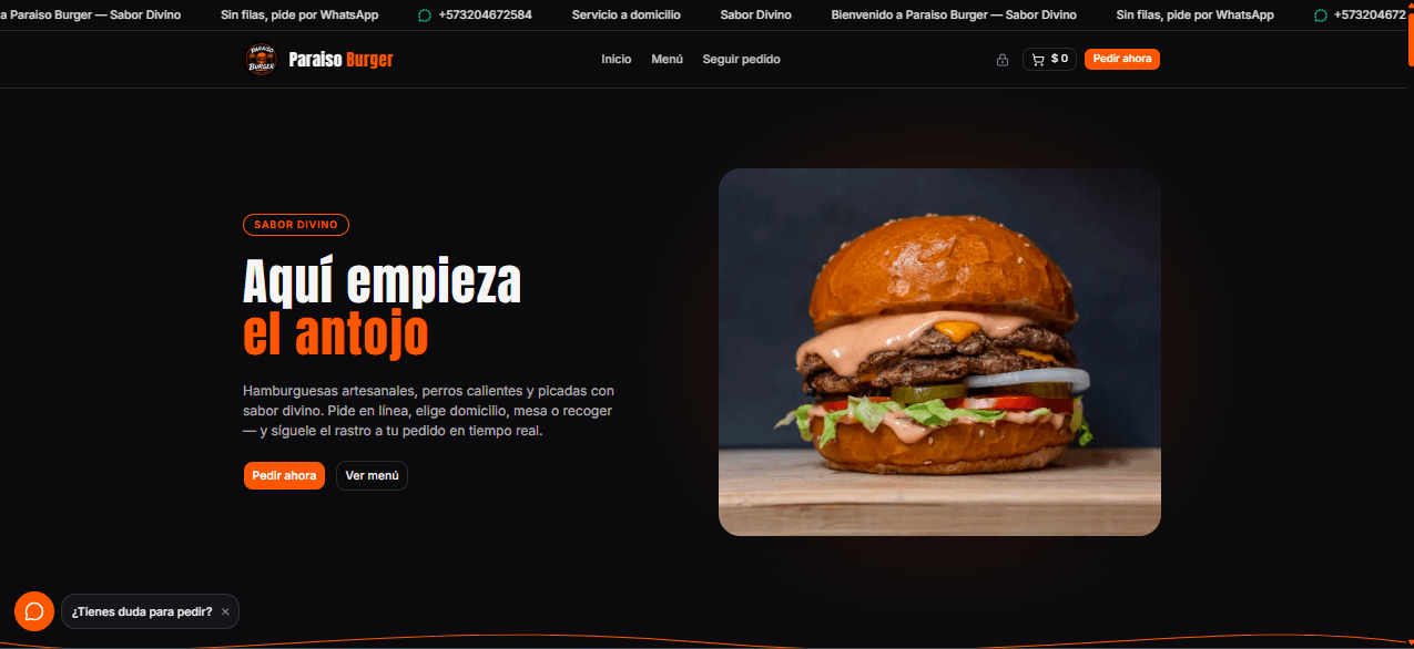 Sitio de pedidos en línea de Paraiso Burger, una plataforma desarrollada por EstiloGráfico Pro